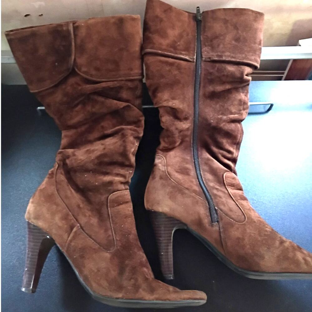 ALDO Brown Slouch Boots Womens 8.5 EU 39 Faux Suede Pointed Toe Heeled